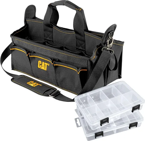 Miniatura 15 de Bolsa para herramientas portátil CAT de 16 pulgadas con boca ancha, 14 bolsillos para almacenamiento y organización de herramientas, poliéster