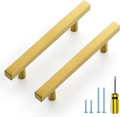 Miniatura 18 de Ravinte Paquete de 5 Manijas de Armario Doradas de Latón Cepillado Tiradores de Armario Cuadrados Dorados Herrajes para Armarios de Cocina - 2