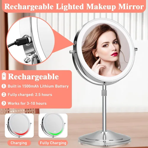 Miniatura 5 de Espejo de maquillaje iluminado con aumento, 10 x 8 pulgadas, espejo de tocador recargable de doble cara con luces, espejo de maquillaje de aumento