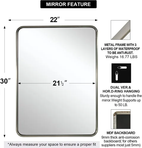 Miniatura 2 de ANDY STAR - Espejo de baño de 22x30 pulgadas con acabado de níquel cepillado, espejo rectangular redondeado de níquel cepillado para tocador de baño