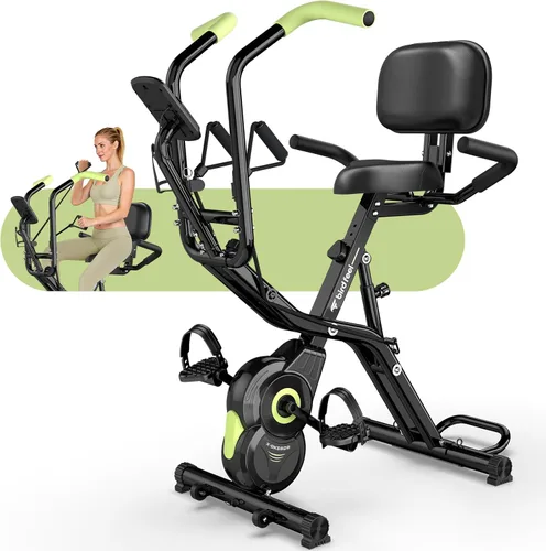 Foldable Exercise Bike, Multifunctional Indoor Stationary Bikes for Home with 8-Level Magnetic Resistance, Quiet Workout Bike with Arm Resistance