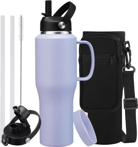 Miniatura 41 de Botella de agua de acero inoxidable de 32 onzas, frío-48 horas y caliente-24 horas, termo con popote y tapas de boquilla, bolsa, botella aislada al