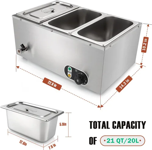 Miniatura 6 de Calentador de alimentos comercial de 3 sartenes, calentador eléctrico de alimentos de acero inoxidable de 1500 W, sartén de mesa de vapor de 6.9