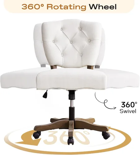 Miniatura 4 de HUIMO Silla de escritorio giratoria tapizada de tela copetuda de felpilla con ruedas, altura ajustable, silla clásica de tareas con patas de madera