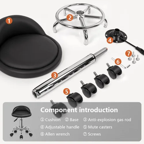 Miniatura 7 de KKTONER Taburete rodante redondo de cuero sintético con reposapiés, altura ajustable, giratoria, trabajo, spa, silla de tareas con ruedas (negro)