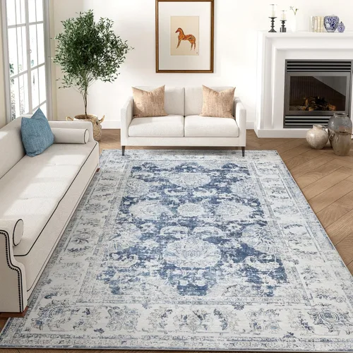 Miniatura 144 de Jinchan Fiora - Alfombra redonda de 8 pies, alfombras vintage con diseño floral envejecido, lavable a máquina, antideslizante, de pelo bajo, Azul