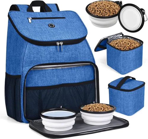 BAGLHER Bolsa de viaje para perros, mochila de suministros para mascotas aprobada por aerolíneas, mochila de viaje para perros con 2 cuencos Azul-A