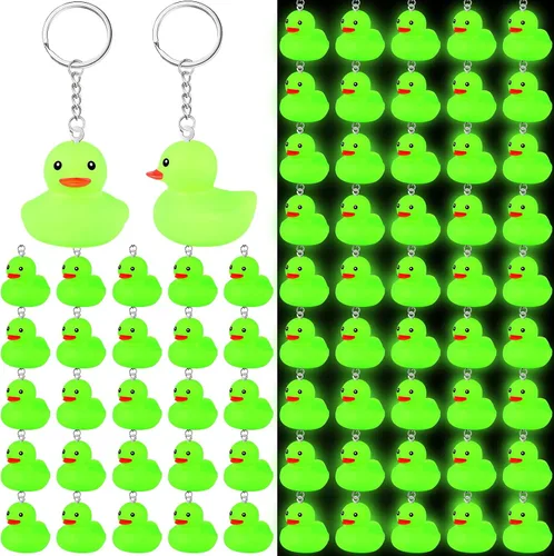 Miniatura 7 de Deekin 24 llaveros de pato luminoso, que brilla en la oscuridad, llavero verde de pato de goma para crucero, regalos de fiesta, suministros