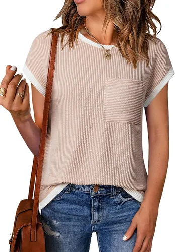 EVALESS Camisetas de manga corta con cuello redondo para mujer, diseño de bloques de colores, con textura de punto acanalado, blusas de moda de