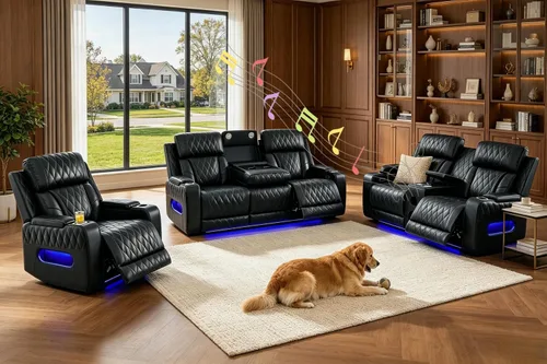 Miniatura 11 de Pon Living - Lujoso juego de sofá reclinable de cuero con LED, juego de sofá reclinable eléctrico, juegos de muebles de sala con portavasos/puerto
