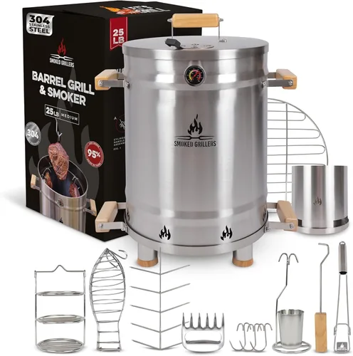 Miniatura 9 de Combo de parrilla para ahumar barril, barril 100% de acero inoxidable, 95% menos de humo, calor uniforme, fácil de usar y limpiar, ahumador vertical