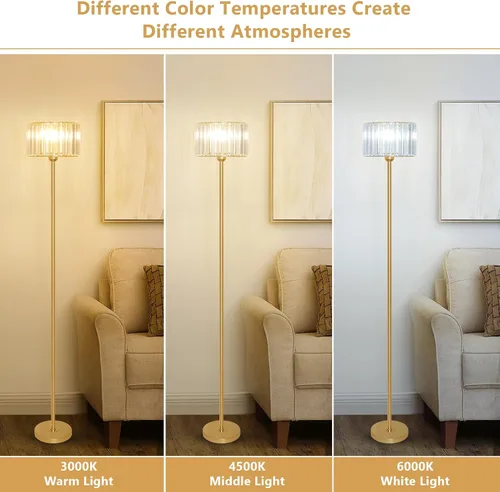 Miniatura 5 de Lámpara de pie dorada HMVPL para sala de estar, lámpara de pie moderna con pantalla de cristal K9, lámpara de pie de latón con interruptor