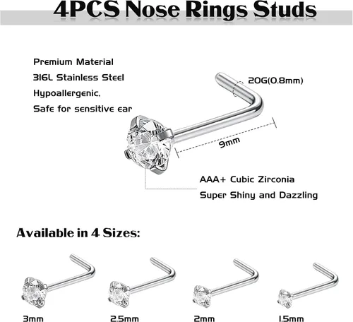 Miniatura 2 de Jstyle arete para la nariz de acero inoxidable, 4 piezas de 20 g. Piercing con pasador en forma de L de 1.5 mm, 2 mm, 2.5 mm y 3 mm.