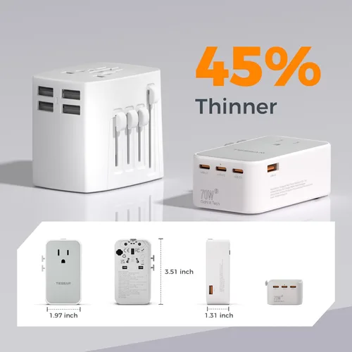 Miniatura 5 de TESSAN Adaptador de viaje universal de 70 W, adaptador de corriente internacional ultrafino con 4 puertos USB (3 USB C), adaptador de enchufe Gris