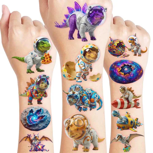 Miniatura 10 de 120 tatuajes temporales precortados de dinosaurio 3D divertidos para niños Recuerdos de fiesta de cumpleaños temáticos súper lindos, suministros