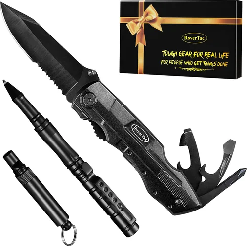 Miniatura 9 de RoverTac Juego de herramientas multiherramienta para regalo de papá, cuchillo multiherramienta 15 en 1, bolígrafo táctico, silbato en una caja