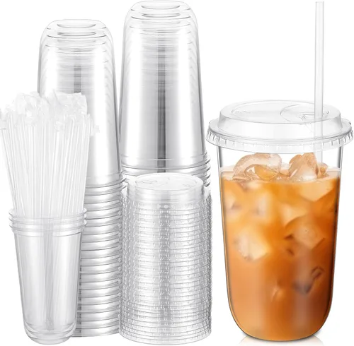 Miniatura 7 de Ziliny 50 juegos de vasos de plástico transparente con tapas y pajitas, vasos desechables para café helado a granel PET para vino, cóctel, batido