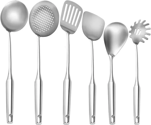 Juego de utensilios de cocina de acero inoxidable de 6 piezas con asas ergonómicas – Herramientas de cocina resistentes al calor, incluye espátula