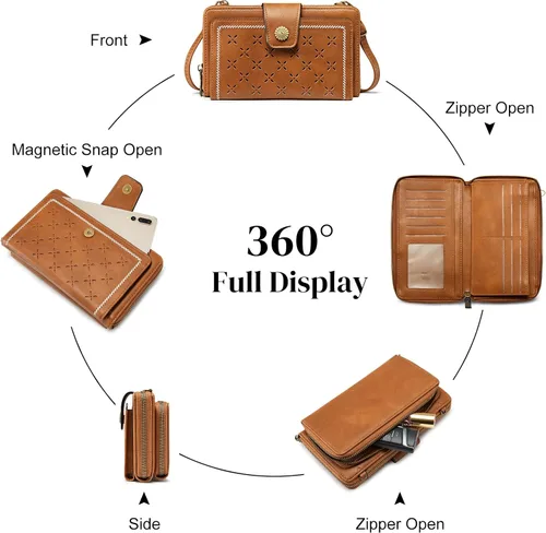 Miniatura 6 de S-ZONE Cartera cruzada para teléfono celular, cartera de pulsera para mujer, con bloqueo RFID, con 2 correas