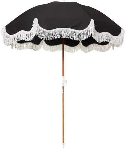Miniatura 8 de Business & Pleasure Co. Sombrilla Holiday - Sombrilla de playa bohemia con flecos blancos, UPF 50+, poste de madera inclinable de 1", 5' x 6.5', oro