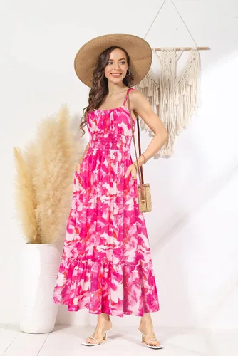 Miniatura 2 de GRACE KARIN Vestido largo de verano para mujer, sin mangas, floral, tirantes delgados, fruncido, bohemio, para playa, con bolsillos