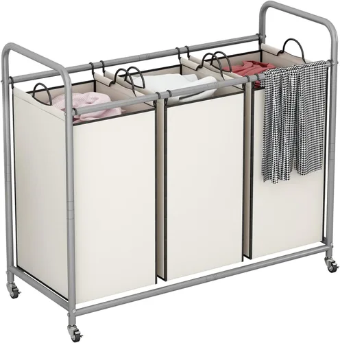 Miniatura 9 de LINZINAR Clasificador de ropa sucia de 3 bolsas, carrito cesto de ropa sucia con ruedas rodantes resistentes y con bloqueo y bolsas removibles
