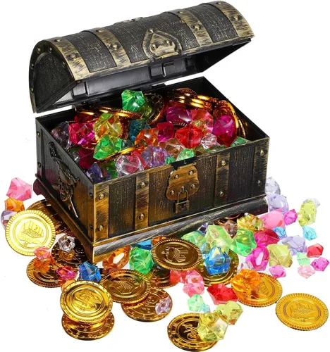 Miniatura 4 de Enhon Caja de juguetes de cofre del tesoro pirata de 147 piezas con cerradura y 1 mapa del tesoro, 100 gemas coloridas, 40 monedas de pirata, 4