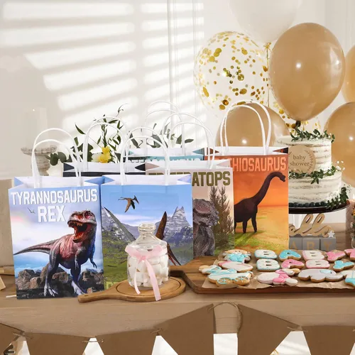Miniatura 7 de Pajean 24 bolsas de caramelos de dinosaurio con asa, bolsas de papel de recuerdo de fiesta de dinosaurios, regalos para niños, envoltura