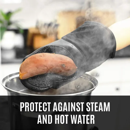 Miniatura 5 de HOMWE Guantes de horno de silicona y soportes para ollas, juego de 4 piezas, guantes de cocina resistentes, tapetes salvamanteles seguros para Negro