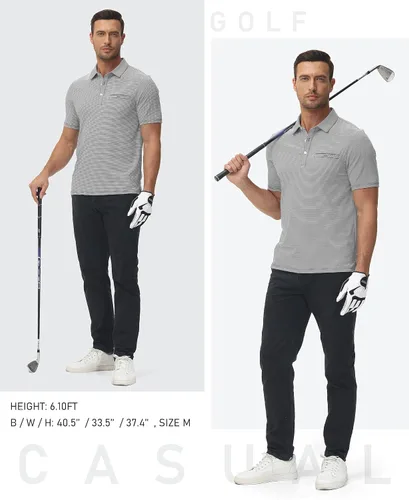 Miniatura 6 de MoFiz Polo de golf para hombre, ajuste seco, a rayas, de manga corta, absorbe la humedad, con bolsillo