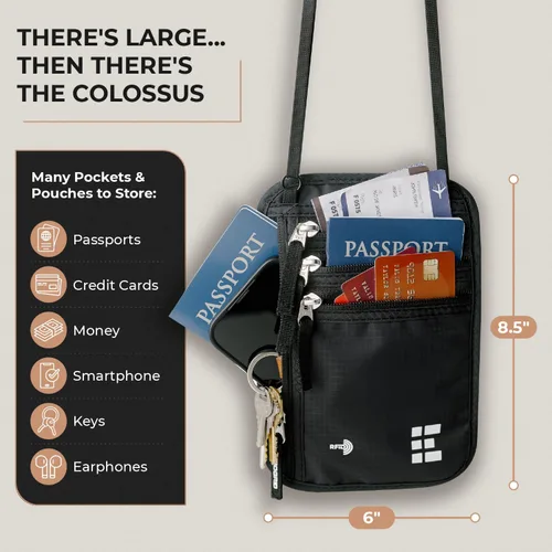 Miniatura 34 de Cartera para el cuello para viajes y pasaporte con bloqueo RFID, delgada y fácil de ocultar, bolsa de viaje de nailon para hombres y mujeres