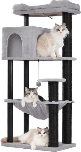 Miniatura 9 de Árbol pequeño para gatos beige torre para gatos con poste rascador de 32 pulgadas con casa condominio para gatos, hamaca acogedora y cama superior