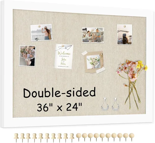 Miniatura 21 de Tablero de corcho de doble cara con lino, tablero de anuncios pequeño con marco de madera colgante de 12 x 12 pulgadas, kit de tablero de visión