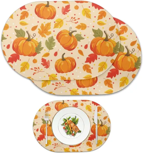 Miniatura 51 de Non Slip Placemats Set of 6 Pumpkin Mushroom Theme Waterproof Wipeable Faux Leather for Thanksgiving Family Feast Heat Resistant Dining Table Mats