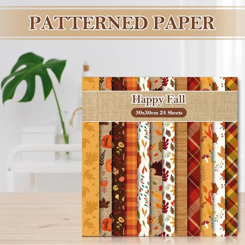 Miniatura 4 de Whaline 24 piezas de papel de otoño con patrón de Acción de Gracias, hojas de otoño coloridas a cuadros de calabaza a cuadros de doble cara, papel