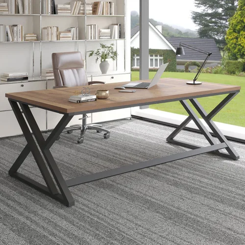 Miniatura 12 de LVB 78.7" Escritorio para computadora, escritorio industrial extra largo de madera para oficina en casa, escritorio grande rústico moderno de metal