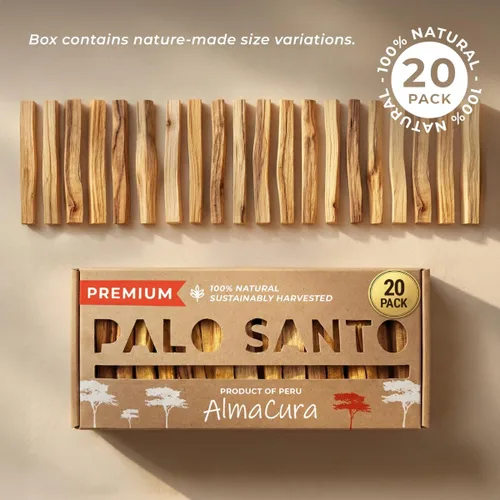 Miniatura 7 de Barra de incienso Almacura Palo Santo Premium (20), incienso para sahumado de alta resina, madera pura de palo santo certificada de Perú. Cosecha