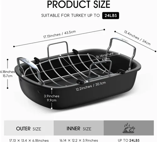 Miniatura 3 de Sartén antiadherente para asar pavos con estante, sartén para pavo de 17 x 13 pulgadas, sartén grande para carne y verduras, (plateado)