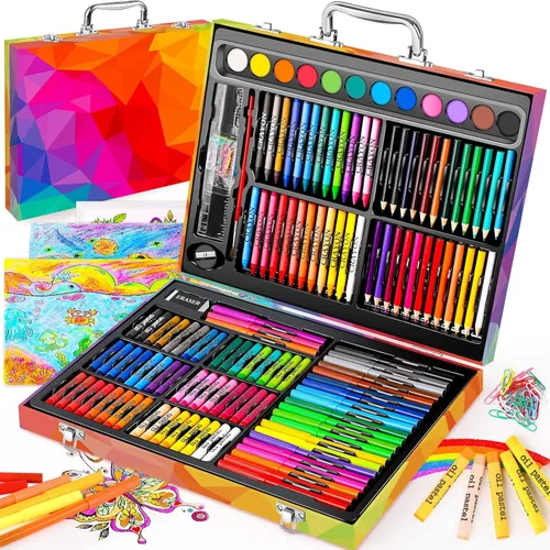 Soucolor - Juego de pintura y dibujo, 183 piezas, kit de arte para colorear, estuche de regalo: crayones, pasteles al óleo, acuarelas en pastilla,