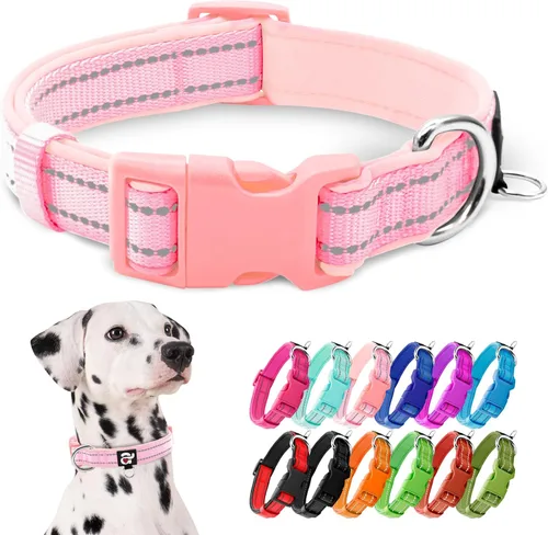 Miniatura 36 de azuza Collar reflectante para perro, de neopreno suave acolchado con anillo para etiqueta de identificación, ajustable para perros pequeños, azul