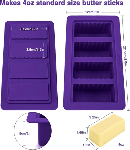 Miniatura 3 de Molde de mantequilla con tapa, recipiente de silicona para mantequilla con espátula, moldes de silicona antiadherentes para hacer 4 formas de barra