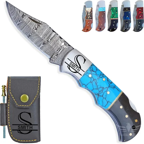 Miniatura 10 de Cuchillo de bolsillo de damasco personalizado para hombres - Cuchillo plegable de caza de acero sólido de 133 capas hecho a mano con afilador y azul