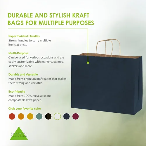 Miniatura 2 de Prime Line Packaging Bolsas de regalo de papel, bolsas de papel kraft azul marino con asas, bolsas de compras para pequeñas empresas, uso minorista