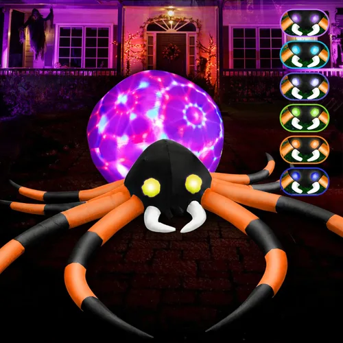 zukakii Araña inflable de Halloween de 12 pies con luces LED cambiantes de 7 colores, decoraciones de luces giratorias al aire libre y ojos