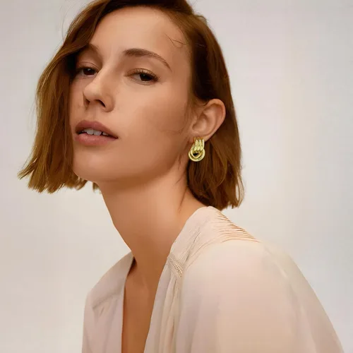 Miniatura 4 de Aretes gruesos de nudo dorado para mujer, aretes de eslabones largos con diseño geométrico de oro y plata