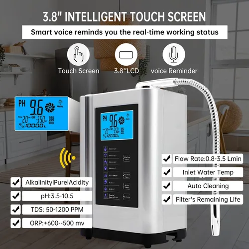 Miniatura 3 de Máquina Ionizadora de Agua Alcalina 729, Filtro Integrado, Produce Agua con pH 4-10.5, 7 Ajustes de Agua, Hasta -570mV ORP, 8000L por Filtro, Plata