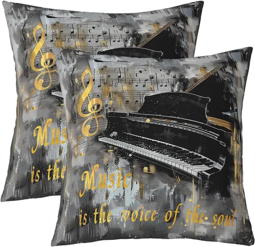 Homewish Fundas de almohada de música de piano (paquete de 2, fundas de cojín con notas musicales, para niños, niñas, niños, adolescentes, retro,