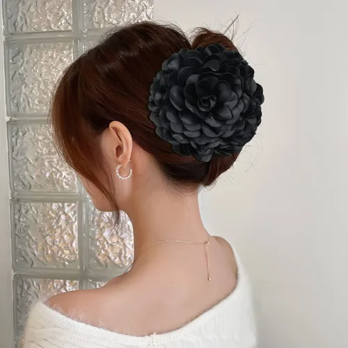 Miniatura 4 de Cinaci Paquete de 4 Lazos Grandes de Flores de Satén para el Cabello Rojos Azul Marino Negro Pinzas de Plástico para el Cabello Clips Cinta Tela