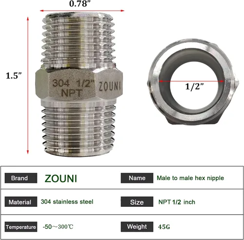 Miniatura 5 de ZOUNI 5 pezones hexagonales de 1/2 pulgada macho x 1/2 pulgadas macho de 1/2 pulgadas, acero inoxidable 304 NPT de 1/2 pulgadas, accesorios
