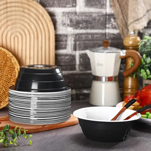 Miniatura 7 de Gejoy 50 cuencos de plástico negros de 23 onzas, desechables pero reutilizables, platos de ensalada y postre para servir el 4 de julio, bodas